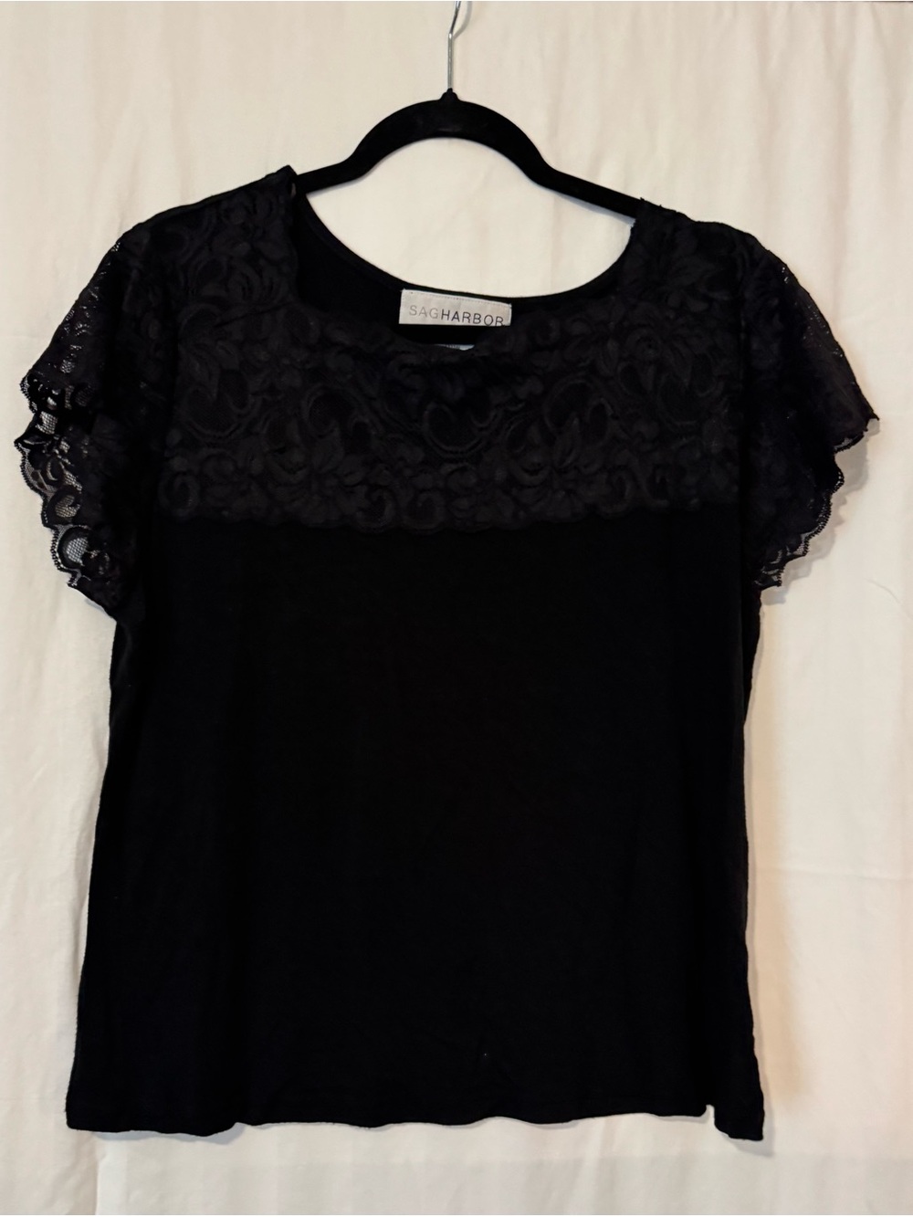 Vintage Sag Harbor Black Lace Yoke Short Sleeve Top XL